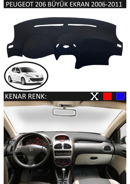 Peugeot 206 2006-2011 Için Uygun Torpido Koruma Halısı Siyah Kenar Renk Siyah