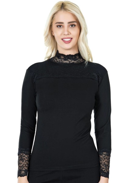 Kadın Uzun Kol Balıkçı Yaka Dantelli Kadın Tişört 241