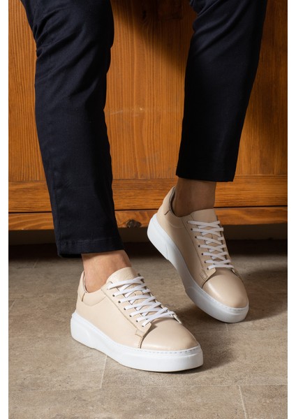 Tommy Erkek Deri Sneaker Ayakkabı Bej