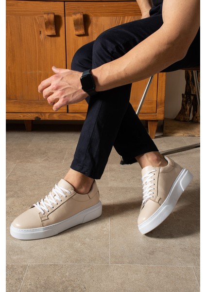 Tommy Erkek Deri Sneaker Ayakkabı Bej