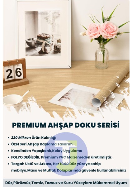 Kendinden Yapışkanlı Dokulu Ahşap Görünümlü Premium Mutfak Duvar Dolap Kaplama 60CMX100CM Açık Renk Ahşap