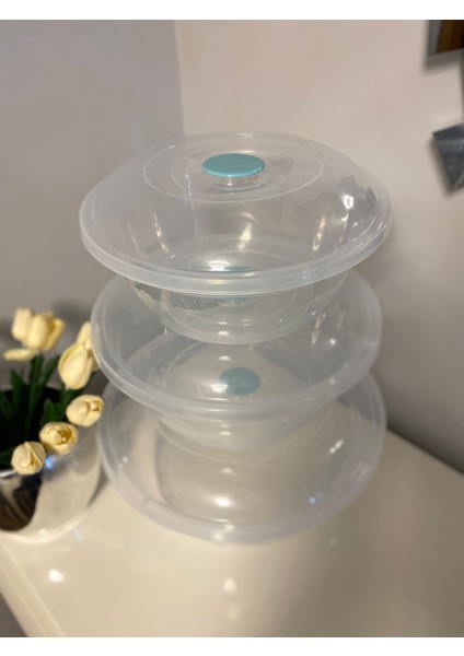 3 Lü Şeffaf Badya Leğen Set , Üç Boy Plastik Çok Amaçlı Kapaklı Hamur Yoğurma Seti