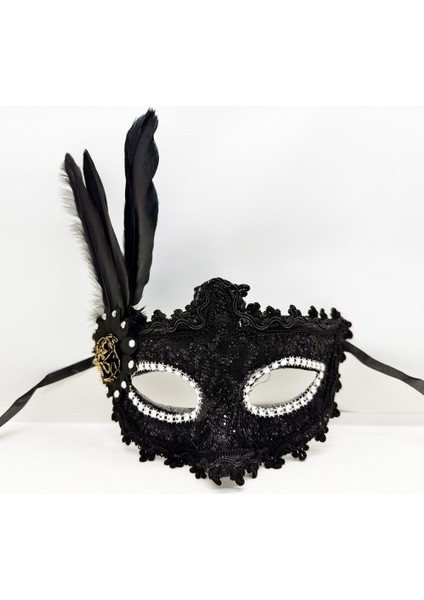 Siyah Renk Tüylü Dantelli Gözleri Taşlı Balo Parti Maskesi
