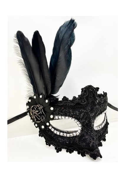 Siyah Renk Tüylü Dantelli Gözleri Taşlı Balo Parti Maskesi modelleri