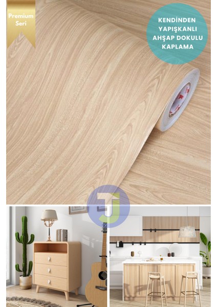 Kendinden Yapışkanlı Dokulu Ahşap Görünümlü Premium Mutfak Duvar Dolap Kaplama 60CMX500CM Açık Renk Ahşap