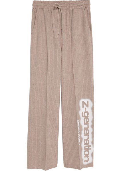 Paçası Yazılı Beli Lastikli Çizgili Pantolon Bej