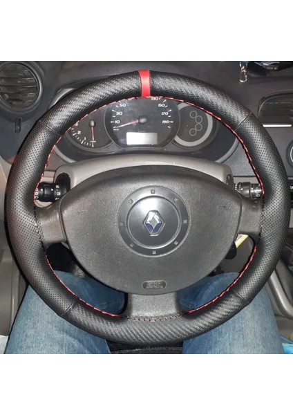 Dikişli Direksiyon Kılıfı Noktalı Deri Karbon Deri Kırmızı Yüzük Kırmızı Dikişli Renault Megane2