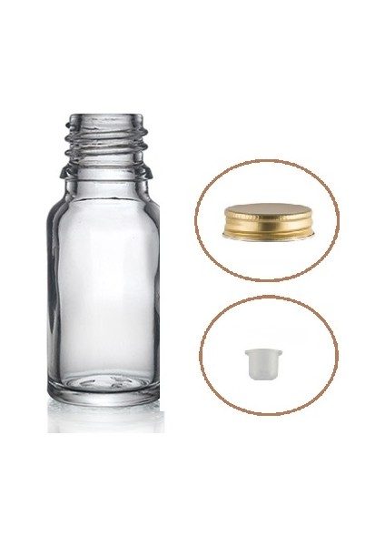 10 ml Şeffaf Şişe Sarı Metal Düz Kapaklı, 24 Adet, Cam Şişe, Kozmetik Şişesi