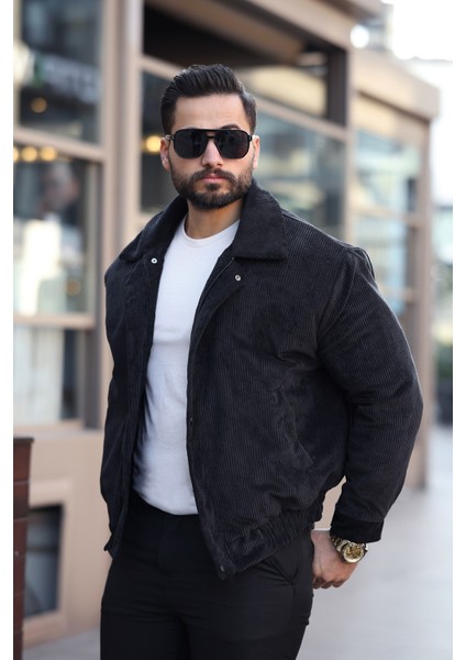 Erkek Rüzgar Geçirmez Siyah Kadife Mont
