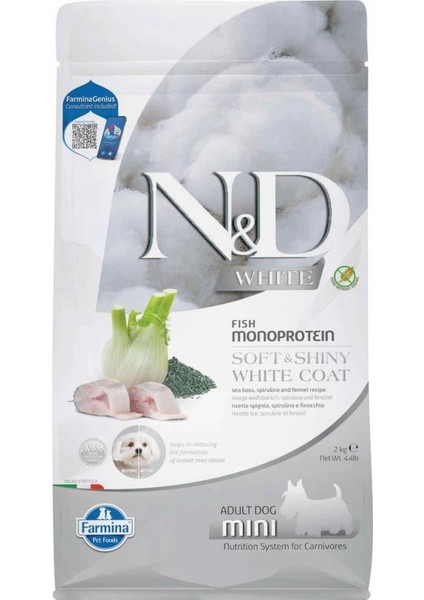 Nd White Tahılısız Mini Adult 2kg Levrek Rezene ve Spirulina Küçük Irk Beyaz Yetişkin Köpek Maması