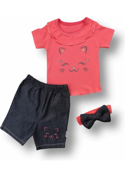 6-9 9-12 12-18 Ay Vip Kedi Baskılı Bandanalı Kısa Kollu Sweat 3lü Kız Bebek Takımı