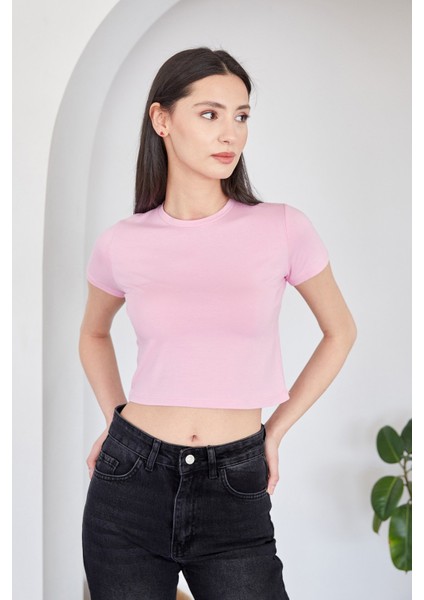 Basic Bisiklet Yaka Crop Tişört