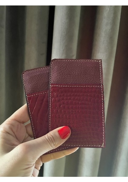 - W Model Bordo Kroko & Mat Bordo Deri Kartlık Cüzdan Kartlık