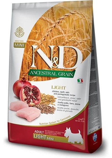Nd Ancestral Grain Mini Light 2,5kg Köpek Düşük Tahıllı Tavuklu Narlı Küçük Irk Light Köpek Maması