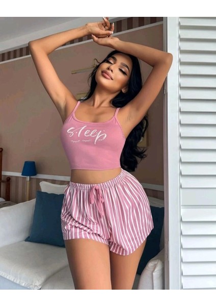 Kadın Pembe Çizgili Desen Askılı Şortlu Pijama Takım