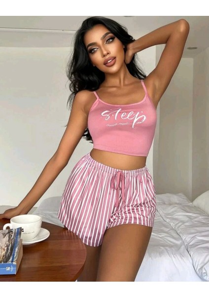 Kadın Pembe Çizgili Desen Askılı Şortlu Pijama Takım