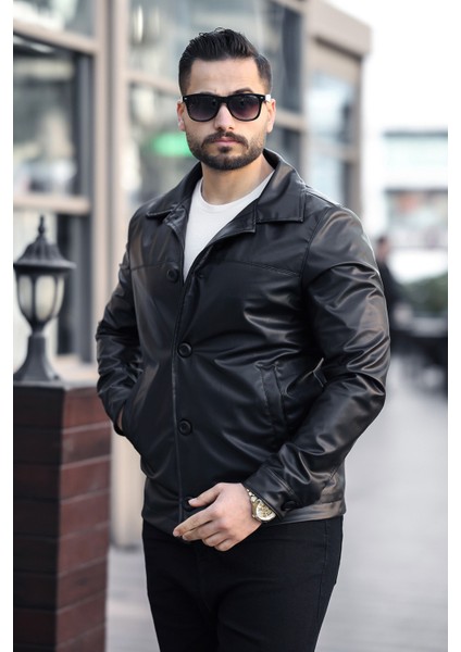 Erkek Klasik Yaka Düğmeli Siyah Deri Ceket
