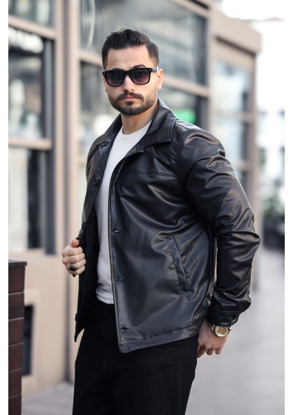 Erkek Klasik Yaka Düğmeli Siyah Deri Ceket fiyatları