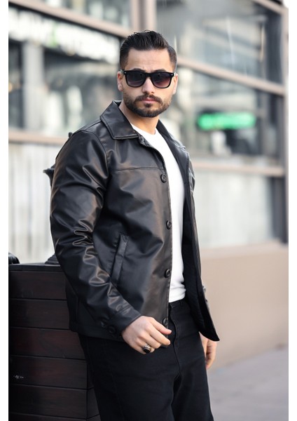 Erkek Klasik Yaka Düğmeli Siyah Deri Ceket modelleri