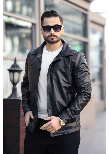Erkek Klasik Yaka Düğmeli Siyah Deri Ceket fırsatları