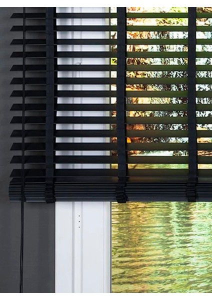 Wooden Blinds %100 Doğal Ahşap Jaluzi Perde 50MM,ALÜMINYUM Kasalı Yüksek Kaliteli- Siyah Kurdelalı