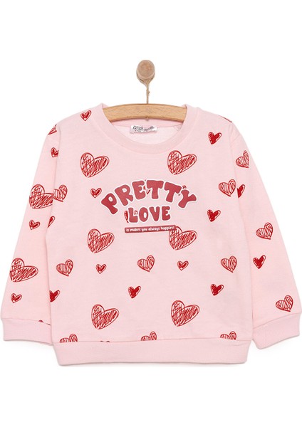 Kız Çocuk Basic Az Şardonlu Kalp Desenli Sweatshirt Bisiklet Yaka Uzun Kol