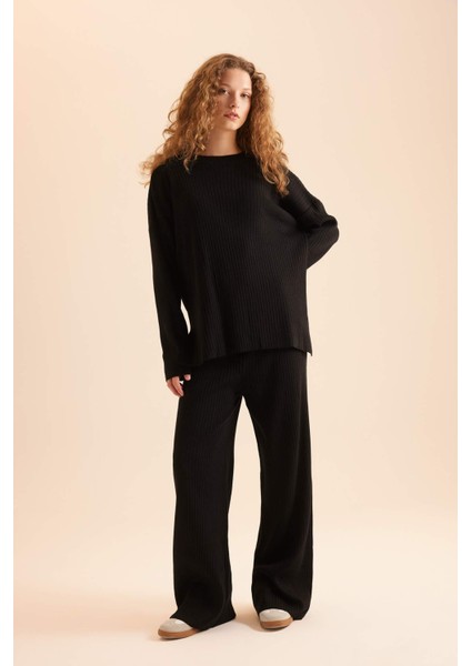 Relax Fit 2'li Takım Triko Bisiklet Yaka Kazak Geniş Paça Pantolon D5232AXNS