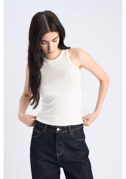 Slim Fit Dar Kesim Halter Yaka Fitilli Kaşkorse Atlet E7019AX25SP