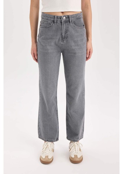 Straight Fit Yüksek Bel Bilek Boy Jean Yıkamalı Pantolon E3416AXNS