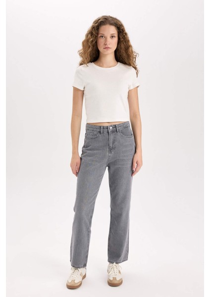 Straight Fit Yüksek Bel Bilek Boy Jean Yıkamalı Pantolon E3416AXNS