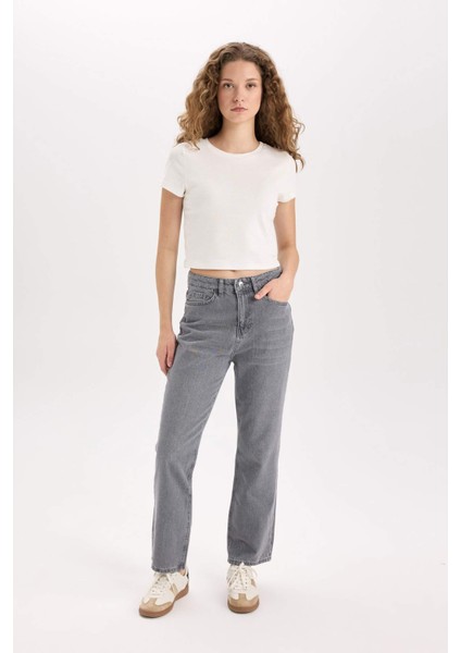 Straight Fit Yüksek Bel Bilek Boy Jean Yıkamalı Pantolon E3416AXNS