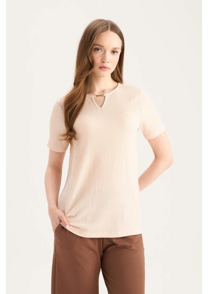 Regular Fit Apaş Yaka Basic Düz Bürümcük Kısa Kollu Tişört E0325AX25SP