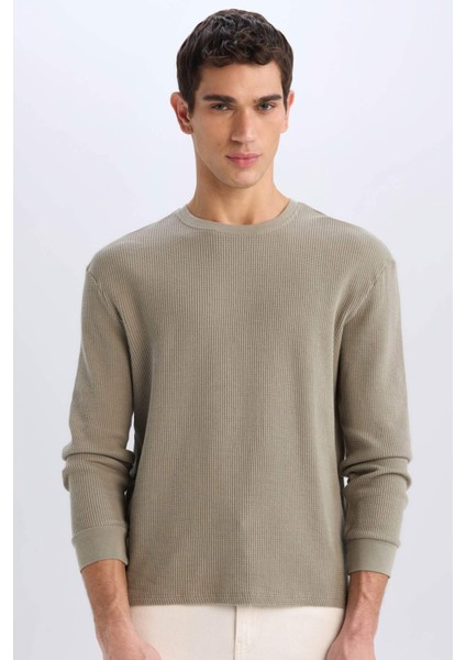 Regular Fit Bisiklet Yaka Uzun Kollu Waffle Tişört D7504AX25SP