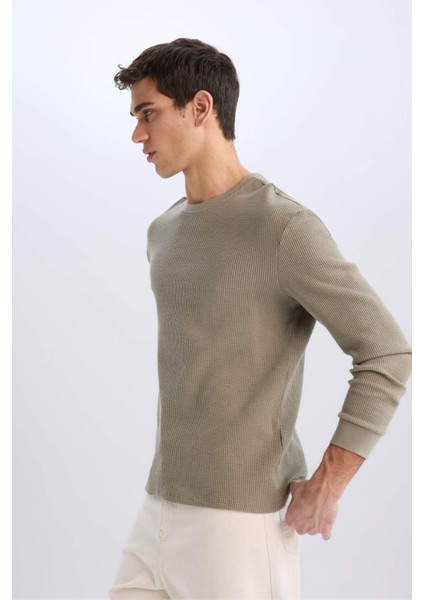 Regular Fit Bisiklet Yaka Uzun Kollu Waffle Tişört D7504AX25SP