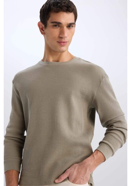 Regular Fit Bisiklet Yaka Uzun Kollu Waffle Tişört D7504AX25SP