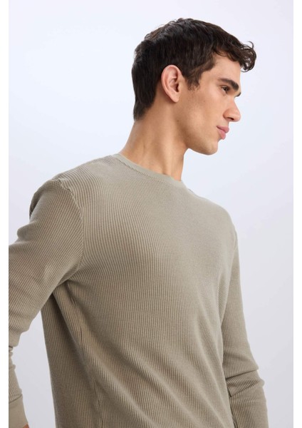 Regular Fit Bisiklet Yaka Uzun Kollu Waffle Tişört D7504AX25SP