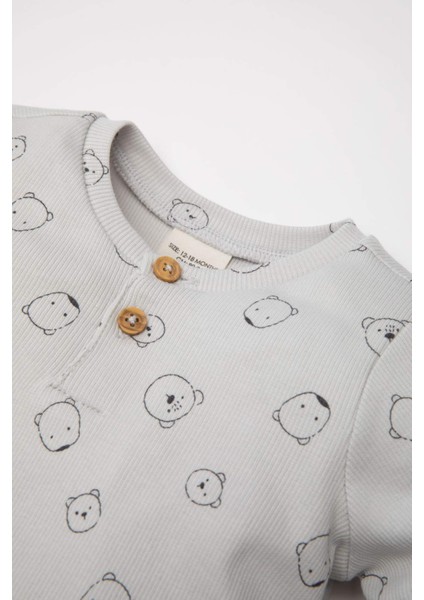 Erkek Bebek Pijama Takımı Ayı Desenli Uzun Kollu Fitilli Kaşkorse Üst Beli Lastikli Uzun Alt D6808A5NS