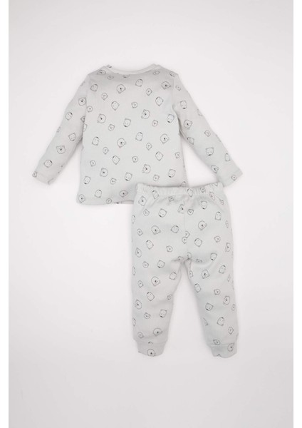 Erkek Bebek Pijama Takımı Ayı Desenli Uzun Kollu Fitilli Kaşkorse Üst Beli Lastikli Uzun Alt D6808A5NS