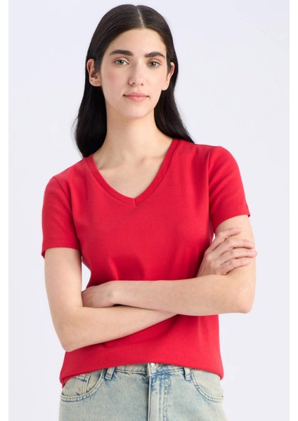 Slim Fit Dar Kesim V Yaka Basic Düz Ribana Kısa Kollu Tişört I1080AZ25SP
