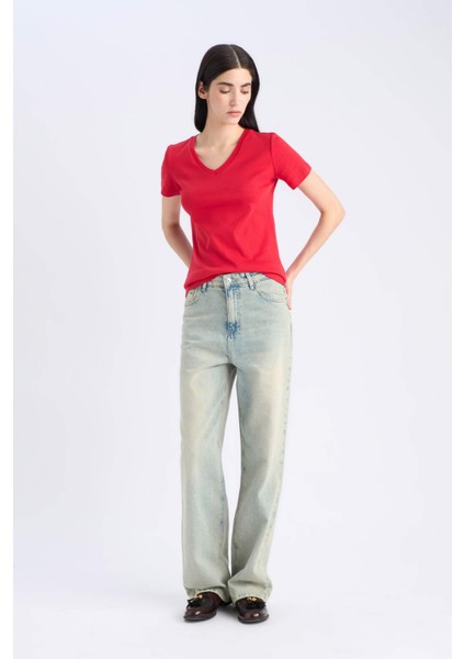 Slim Fit Dar Kesim V Yaka Basic Düz Ribana Kısa Kollu Tişört I1080AZ25SP