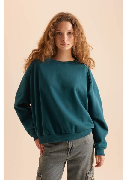 Coool Oversize Geniş Kalıp Bisiklet Yaka Basic Düz Kalın Sweatshirt D9022AXNS