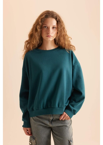 Coool Oversize Geniş Kalıp Bisiklet Yaka Basic Düz Kalın Sweatshirt D9022AXNS