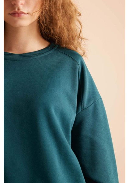 Coool Oversize Geniş Kalıp Bisiklet Yaka Basic Düz Kalın Sweatshirt D9022AXNS