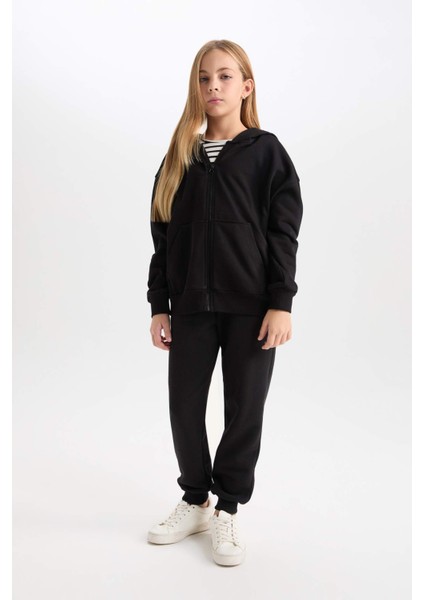Oversize Geniş Kalıp Kapüşonlu Basic Düz Cardigan D6498A8NS