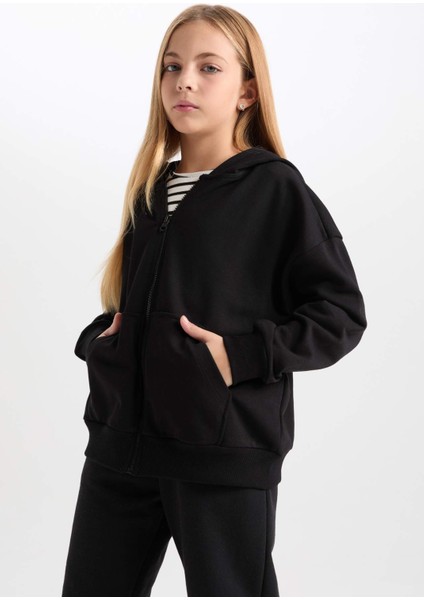Oversize Geniş Kalıp Kapüşonlu Basic Düz Cardigan D6498A8NS