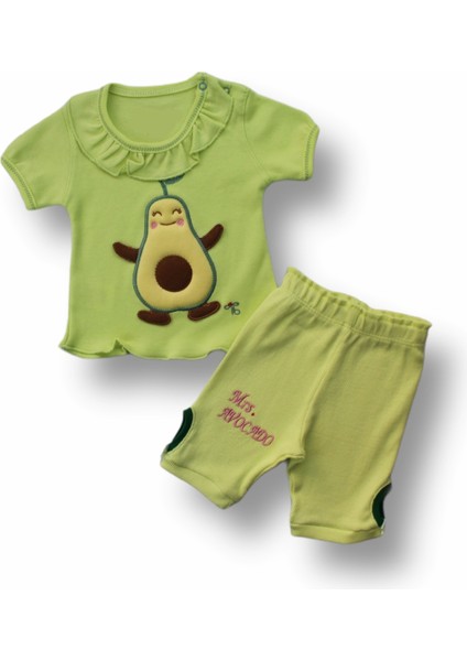 3-6 6-9 9-12 12-18 Ay Avokado Nakışlı Kısa Kollu Sweatli Şortlu 2li Kız-Erkek Bebek Takımı