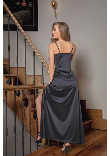 Dantelli Uzun Yırtmaçlı Saten Gecelik Elbise String Takım Siyah (BRF31512) fırsatları