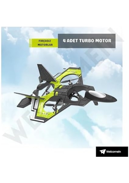 Gövde 2.4ghz Uzaktan Kumanda LED Işıklı Jet Uçak Drone Başlangıç Seviye Şarjlı 8 Dk Uçuş Süresi Kırılmaz Kamerasız Iha Drone (Yeşil)
