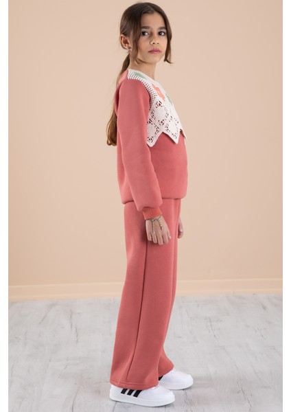 Kiremit Dantel Işlemeli Şardonlu Geniş Paça Kız Çocuk Eşofman Takımı 20239 fırsatları