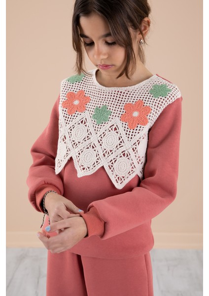 Kiremit Dantel Işlemeli Şardonlu Geniş Paça Kız Çocuk Eşofman Takımı 20239 indirimleri